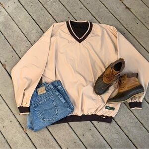 Vintage Beige Pullover Windbreaker || 90’s V-Neck Oversized Windbreaker Jacket